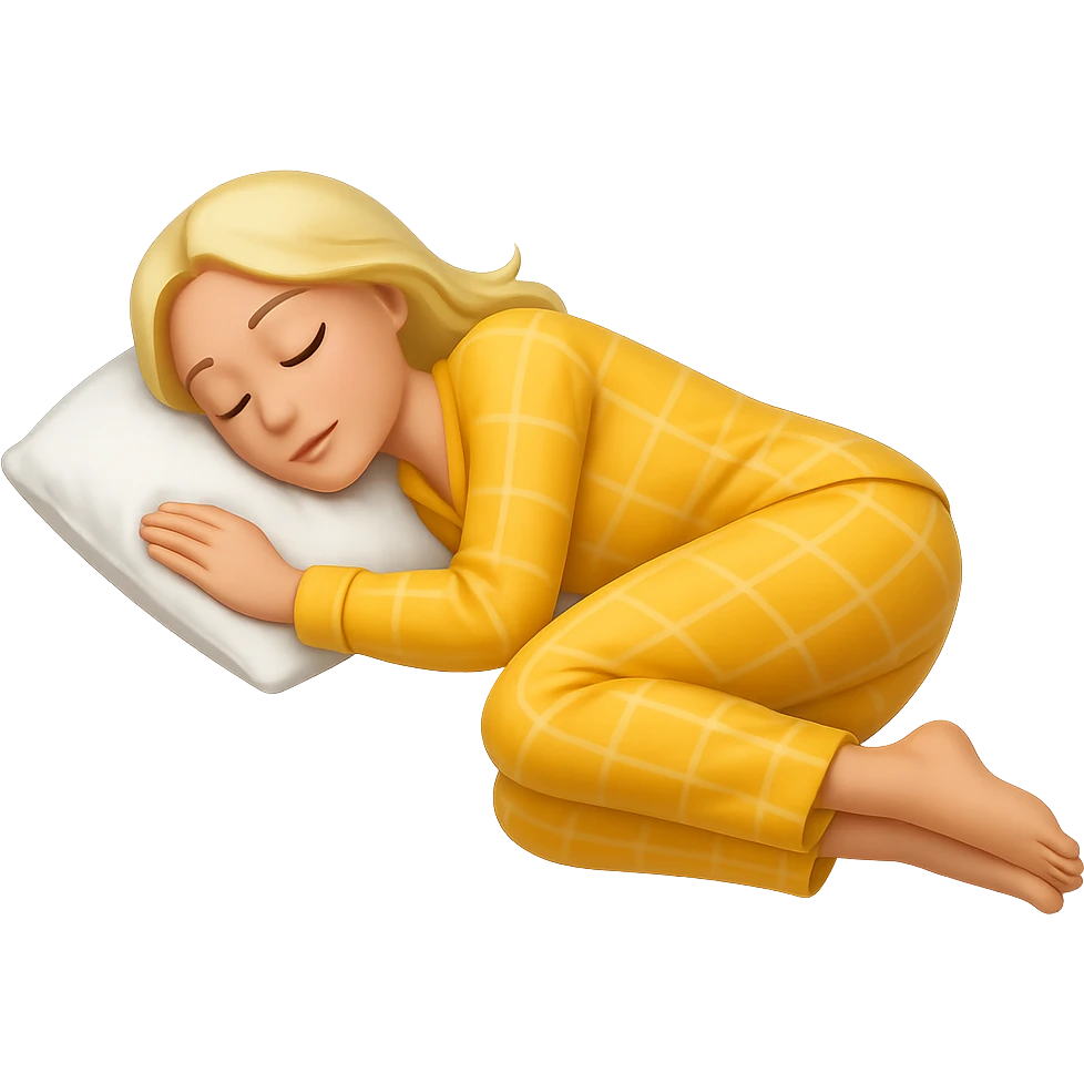 Create an image of a woman with blond hair in yellow pajamas, sleeping on her side by herself on a white pillow, in classic iOS emoji style, with no background. emoji