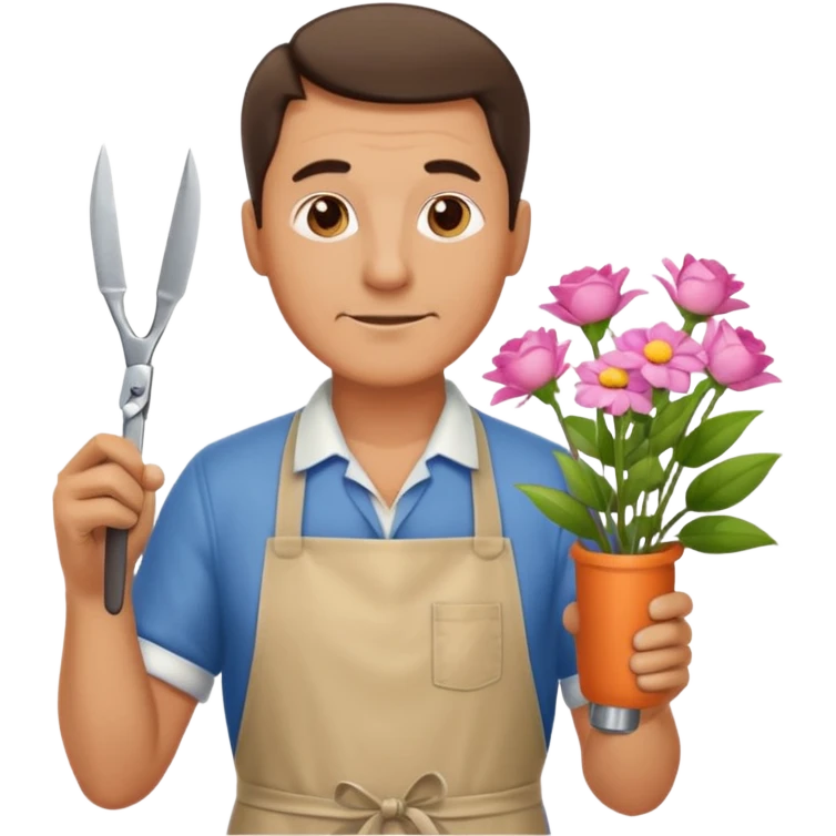 Middle-aged male florist – apron on, trimming stems with scissors emoji