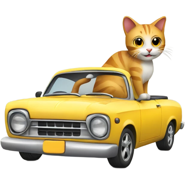 A cartoon emoji-style car with a cat sitting on the open hood, holding a wrench and smiling emoji