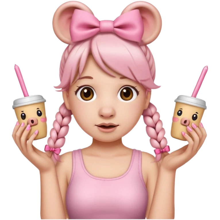 Emoji with long nails, stanly cup, two pig tail hairstyle with pink bows in both pig tails emoji
