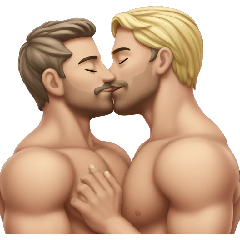 Caucasian Muscular gay men kissing wearing bikini emoji