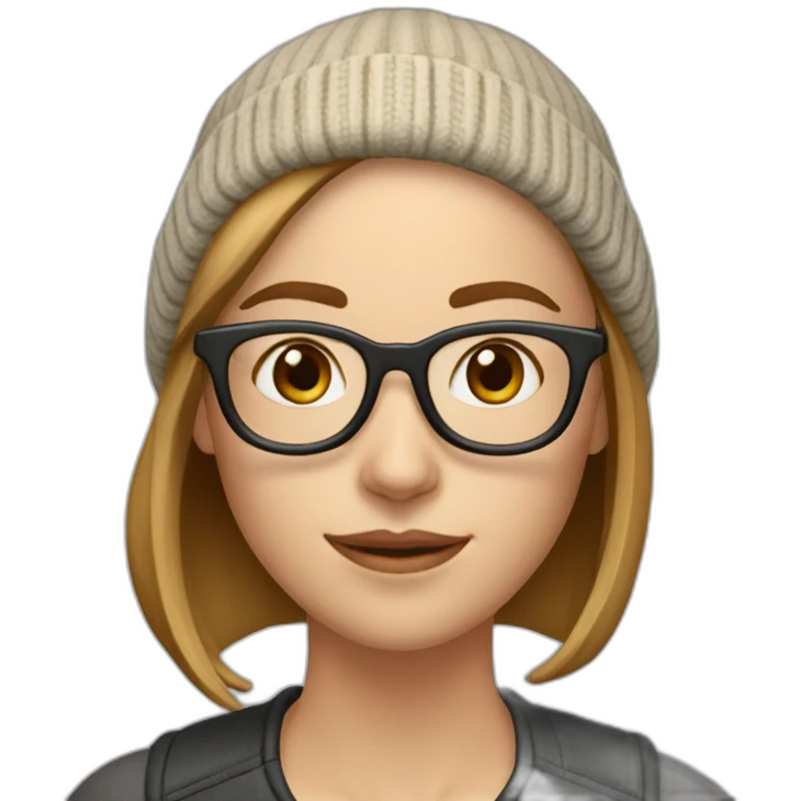 30 year old white woman short straight light brown hair with a beanie on her heard and glasses emoji