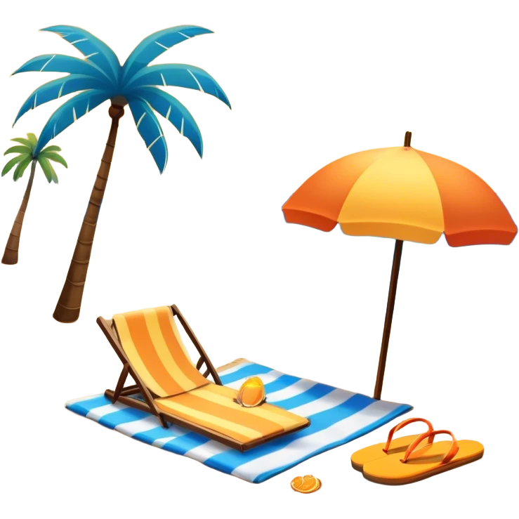 Icon for Beach Tourism: with the blue ocean, orange sunset, yellow sand beach and palm trees in the background, a sun umbrella, flip-flops, and a beach towel on the sand. The icon should represent relaxation and fun at the beach. Transparent background emoji