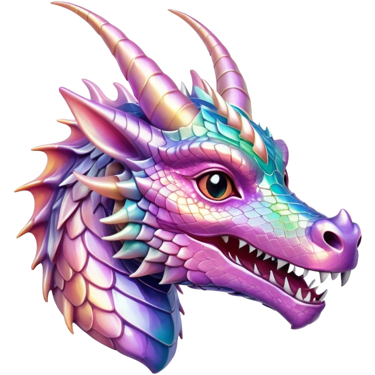 Realistic Sparkly glossy Pastel iridescent glass dragon head profile, 2 horns emoji