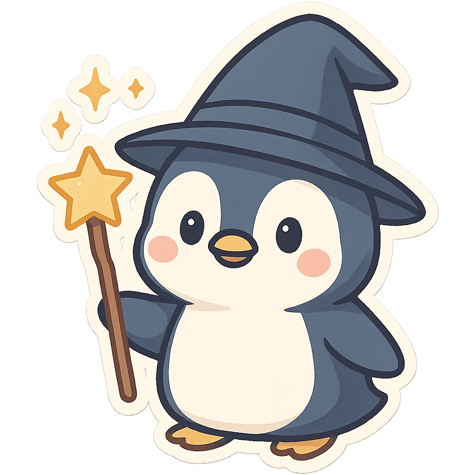 cute and whimsical penguin dressed as a wizard, wearing a pointed hat and holding a magic staff, magical sparkles around emoji