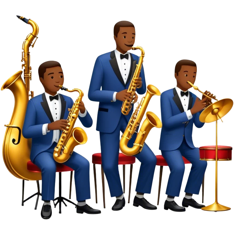 Icon for Jazz Music: The Jazz Messengers, featuring a dynamic composition with Art Blakey on drums and musicians playing saxophone, trumpet, and piano. Musical notes and a warm jazz club atmosphere emphasize the vibrant hard bop style. Transparent background. emoji