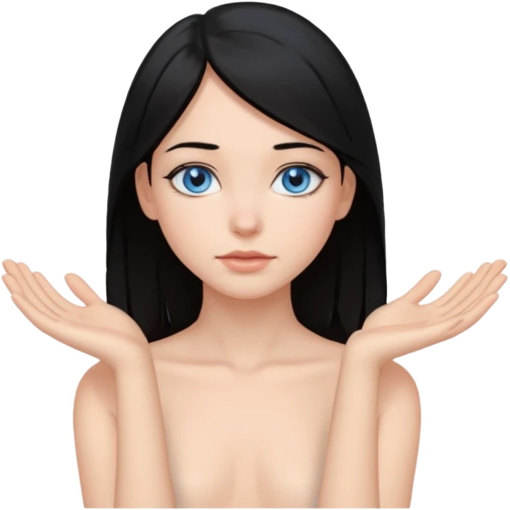 Girl with black hair thats about shoulder lenght with blue eyes covering nude neck with two hands emoji