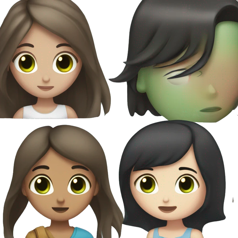 girl with long straight black hair and a white skin blue eyes kiss a boy with brown hair and green eyes emoji
