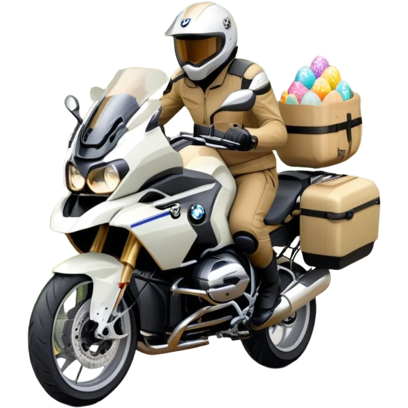 BMW RT1200 LC touring motorcycle with rider on open road in a forest with easter eggs emoji
