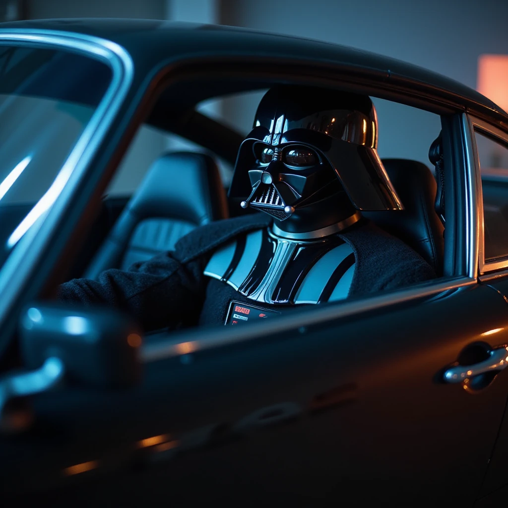 Cinematic shot of aDarth vader sitting in porsche 911, blue and orange lights  emoji
