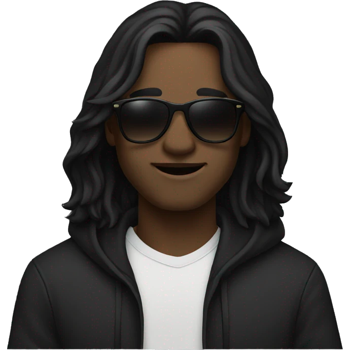 Man with dark skin, with sunglasses glasses, with long black hair, wearing a black hoodie, waving emoji
