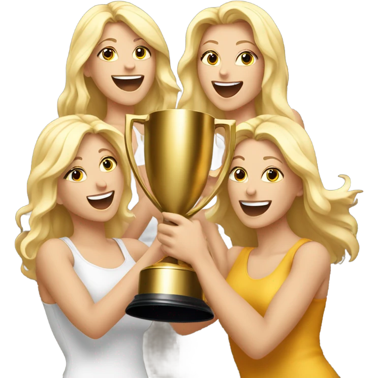 Six beautiful blonde women celebrating with a huge gold trophy emoji