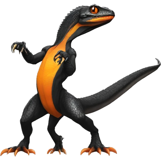 Black Shiny Lizard-Reptile-Raptor-Fakémon with Orange belly Full Body emoji