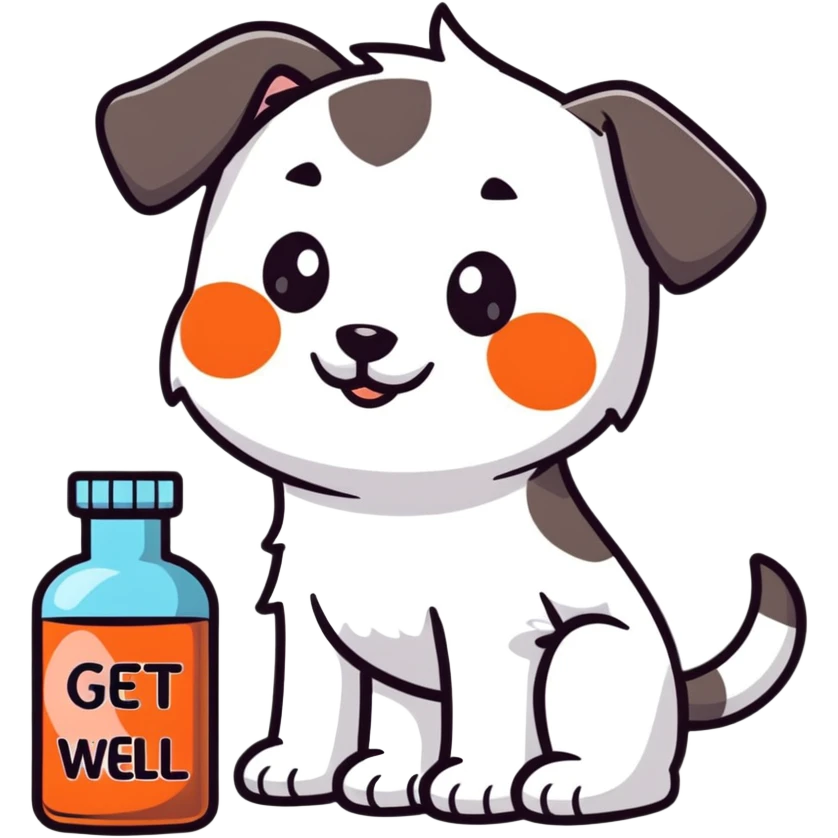 cute puppy with medicine bottle and get well soon message emoji