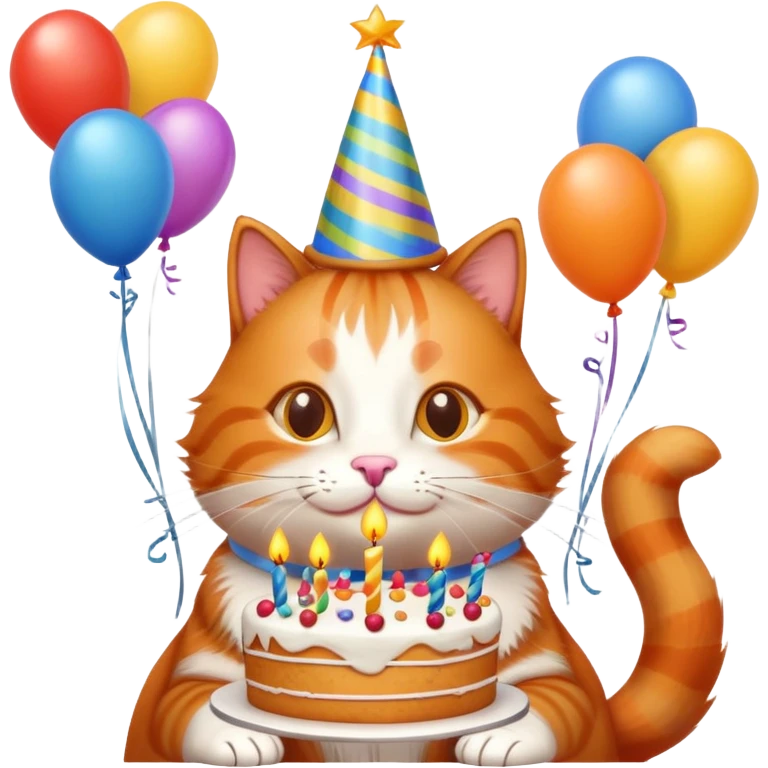 Ginger cat celebrates birthday, birthday hat, birthday cake, balloons, happy emoji