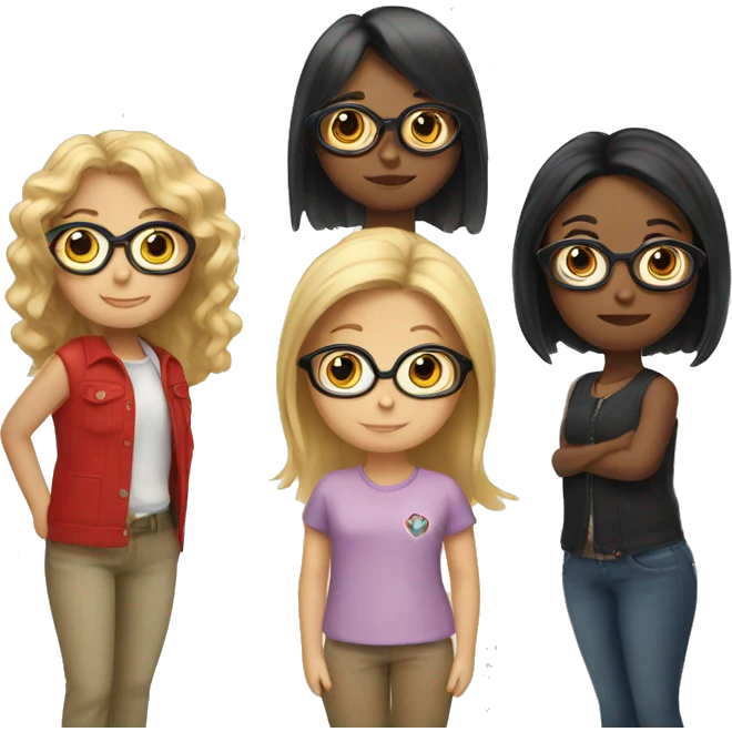 Three Girls, one with blonde Long hair, one with Black Short hair, one with red middle Long hair and glasses  emoji
