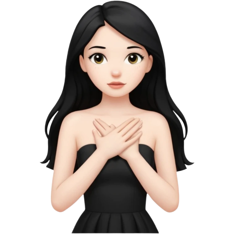 Pale girl with long black hair and black strapless dress with hands over her heart emoji