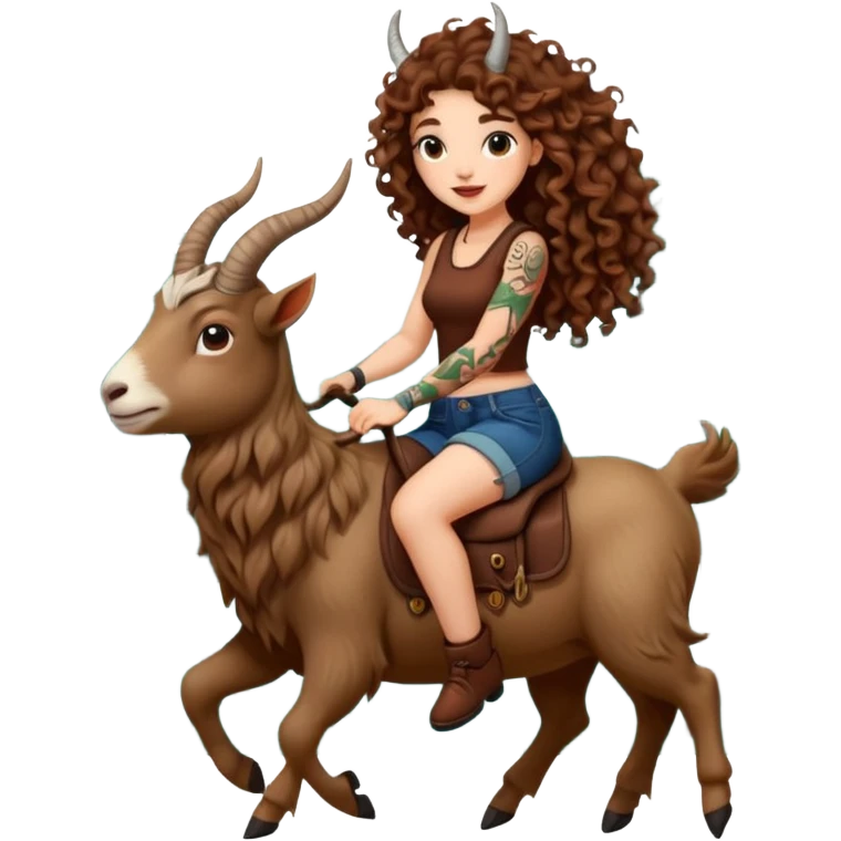 cute woman long curly brown hair tattoos riding forest goat emoji