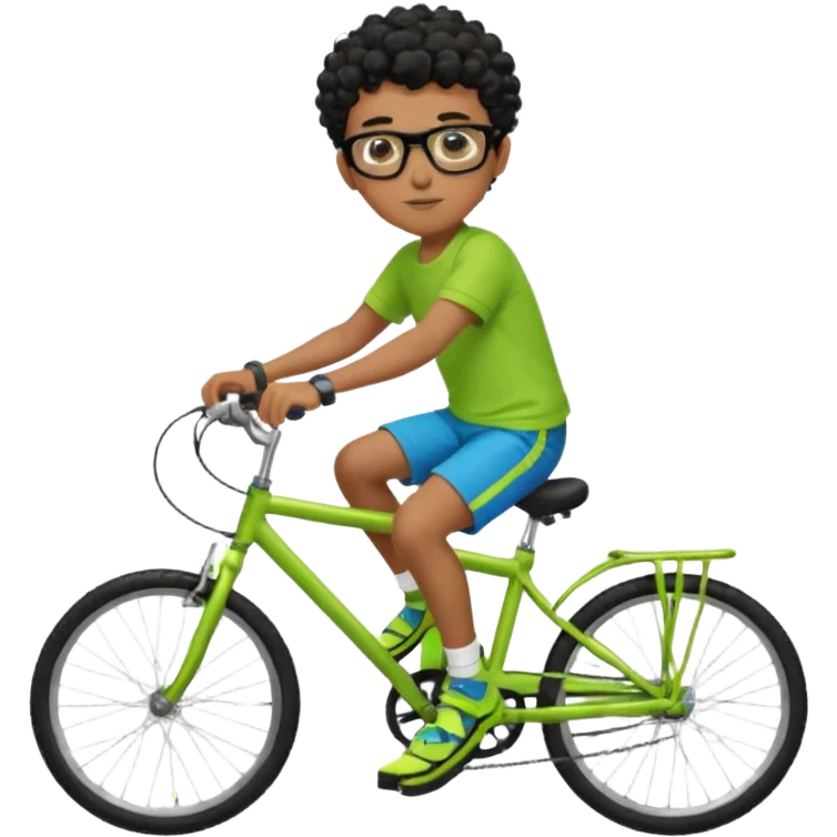 Menino pardo com cabelo curto cacheado preto raspado dos lados, de óculos preto quadrado e blusa verde e amarela bermuda preta e chinelo azul andando de biblicleta verde neon emoji