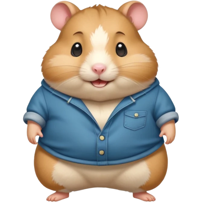 Cute chubby cartoon-style hamster wearing XXL pants that are WAY too big, proud and smiling expression. Painterly shading, white background, sticker-style illustration emoji