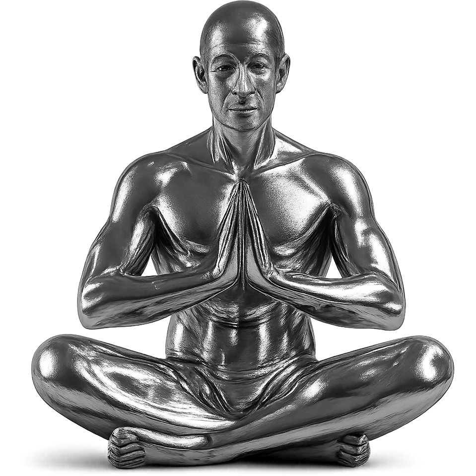 metallic chrome figure of a man meditating in the lotus position, serene and peaceful emoji