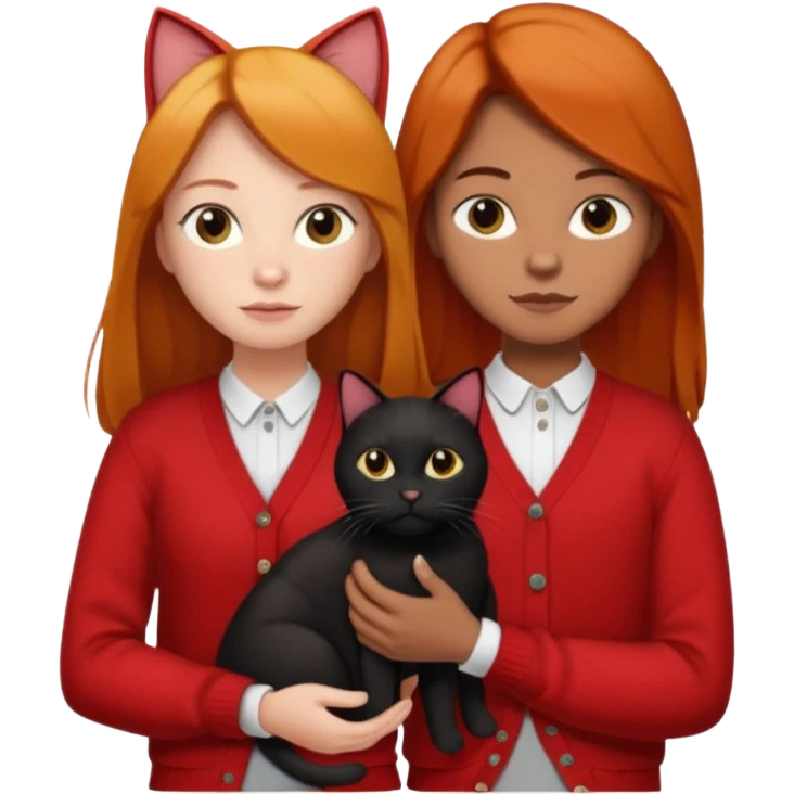Ginger long straight hair with a red cardigan holding a  1 black cat with a white shirt under the red cardigan standing whith a boyfreind emoji