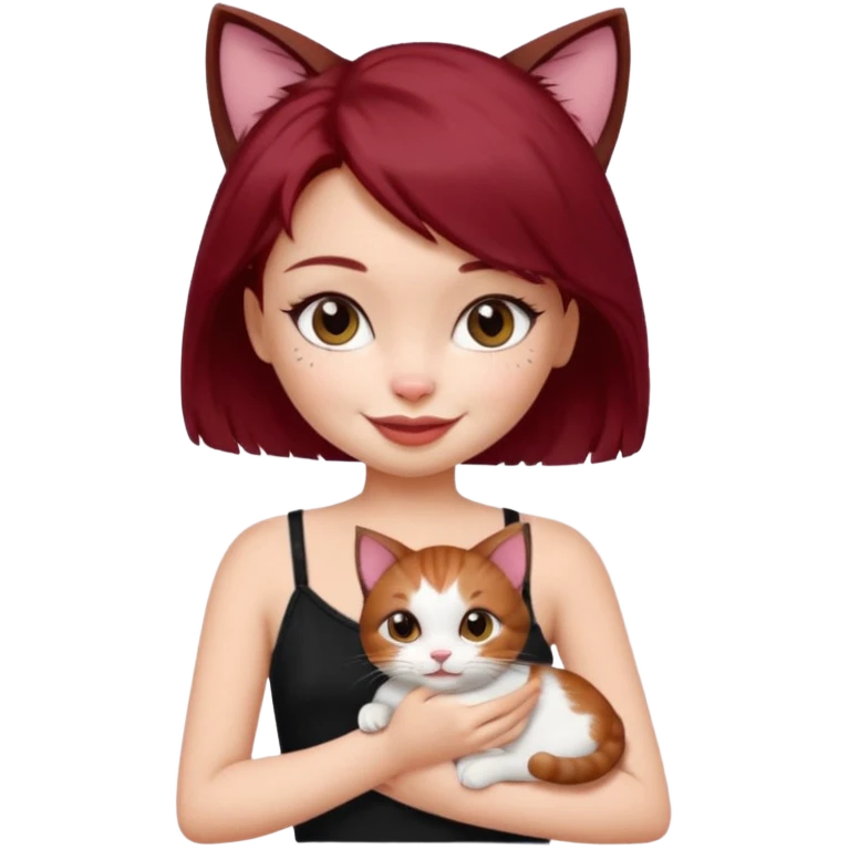 generate a pretty bratz girl with short dark red hair holding a cat smiling. Wearing a black cami emoji