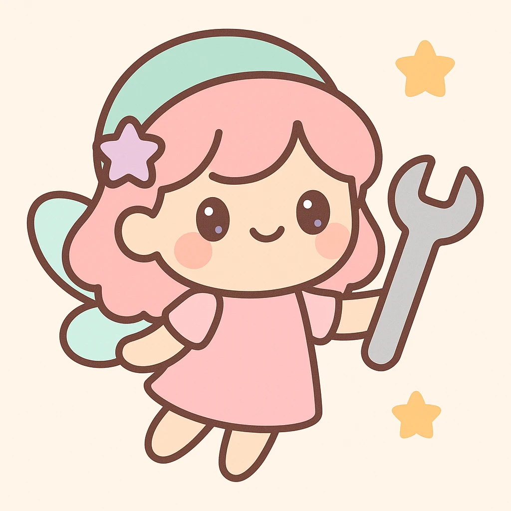 a pink fairy holding a wrench, whimsical and magical, cute kawaii style emoji