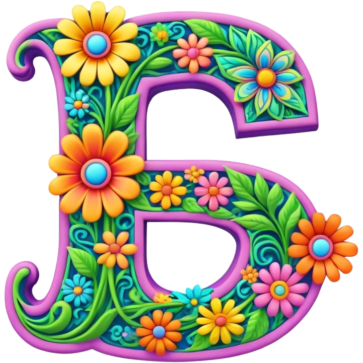 3D, gothic style psychedelic colored Letter S with hippie style flower border emoji