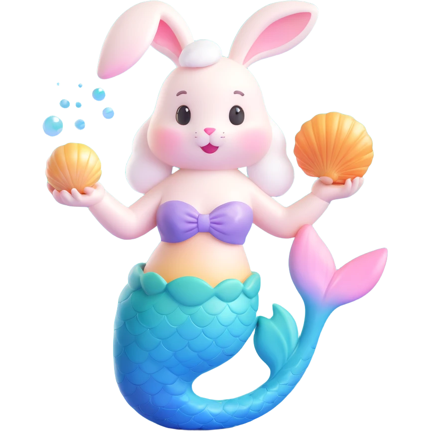 3D iOS-style character pastel bunny with mermaid tail holding singing shell, glossy rounded design, soft gradients, joyful dreamy expression emoji