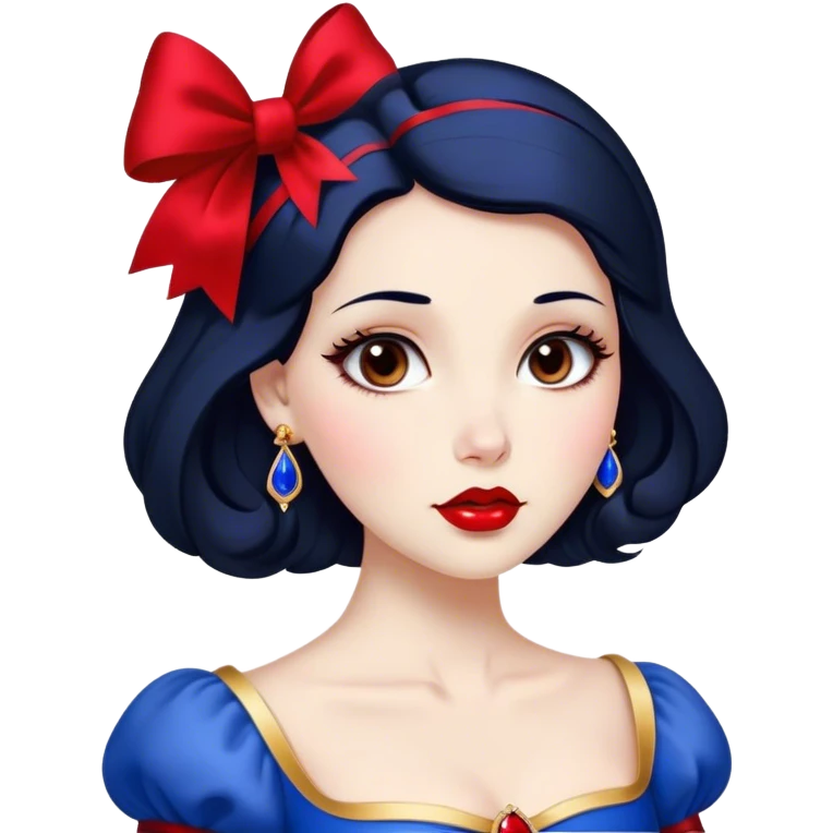 Cinematic Stunning Snow White Portrait Emoji, Fair skin glowing like porcelain, ruby-red lips, deep brown eyes full of kindness, raven hair framed by her iconic red bow, wearing her royal blue and gold gown, exuding timeless beauty and grace! emoji