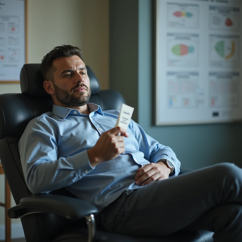 hyperrealistic 4K image of a man in his 30s slumped in chair in urologist's office, semen analysis with 'azoospermia' in hand, devastated and hopeless, fertility charts on wall, clinical environment emoji