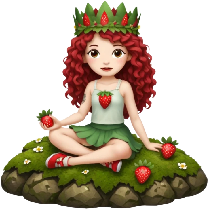 full body woman long curly brown hair brown eyes white skin tattoos sitting on moss rock wearing strawberry crown and short petal skirt emoji