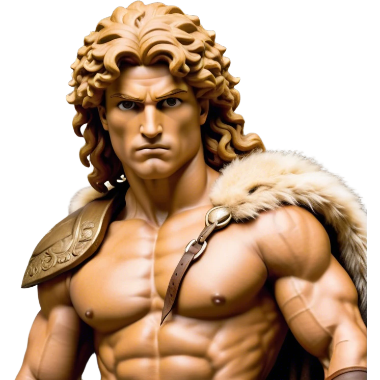 Cinematic Realistic Barbarian Hercules Portrait, depicted as a fierce Greek hero with the chiseled features of Michelangelo's David. His light tan, sculpted skin glows with timeless strength, and his thick, curly, golden brown hair cascades in wild, untamed curls reminiscent of a warrior’s mane. Instead of a flowing white robe with golden accents and a laurel wreath, he wears rugged, weathered leather and fur garments—a tattered, fur-trimmed cloak draped over broad shoulders and a simple circlet forged from iron and bone. His intense, determined eyes exude savage nobility, all rendered under dynamic natural lighting with a mythic, raw, radiant glow. emoji