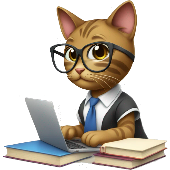 Female Cat studying, glasses, books, laptop emoji