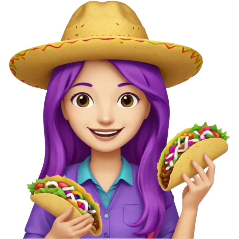 woman holding taco with purple long hair and hat on head emoji