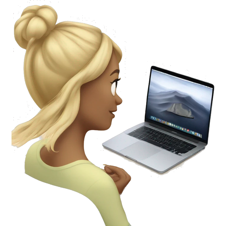 A blonde girl wearing airpods max and looking at a macbook emoji
