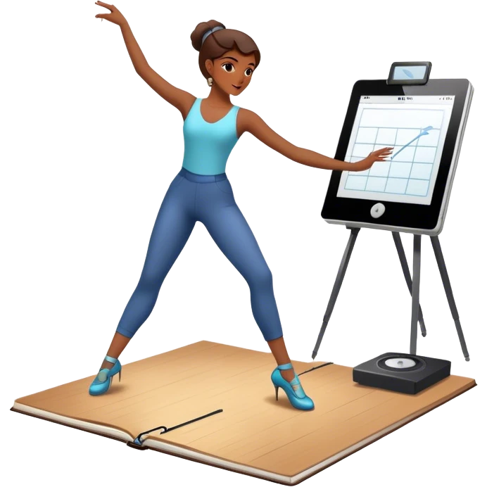 Icon for Choreography: a dance studio floor with a choreographer demonstrating movements, a dance notebook, and a metronome. The icon should capture the creative and structured process of choreographing dances. Transparent background. emoji
