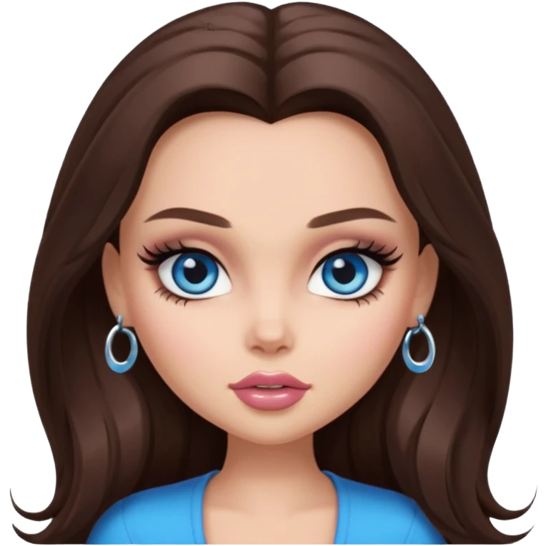 pretty bratz baddie, long brunette hair, pretty makeup, long lashes, blue eyes emoji