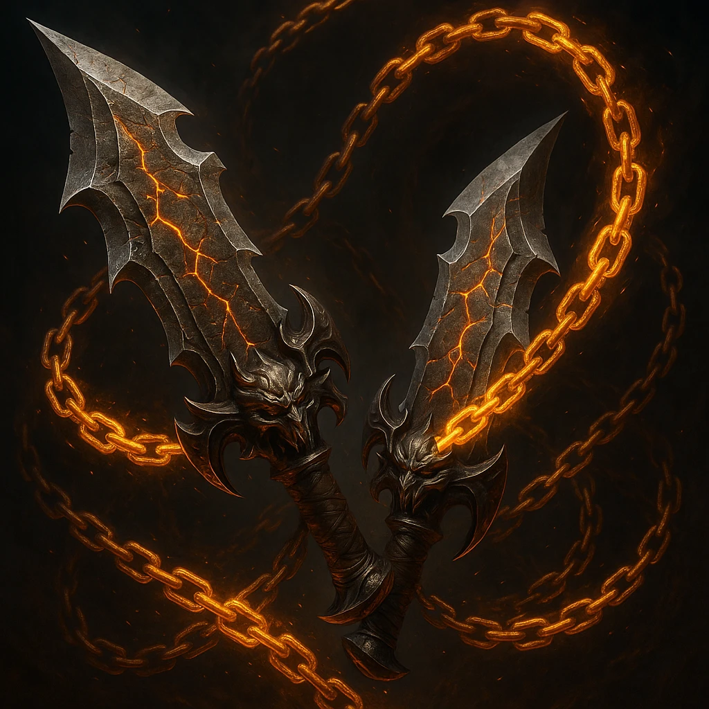 the Blades of Chaos from God of War, detailed, dramatic, glowing chains, fantasy weapon, dynamic angle emoji