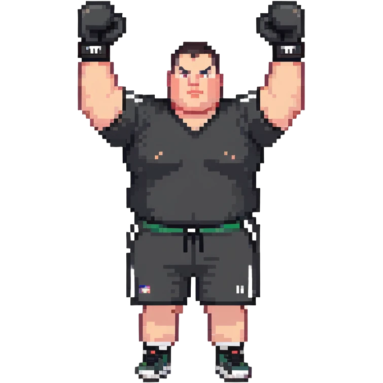 white man with dark hair, dark eyes, buzzcut faded haircut, overweight 100kg boxer, chubby face, stocky build, wearing full black clothes, black adidas boxing gloves, victory pose with arms raised, upper body only no legs visible, highly pixelated emoji