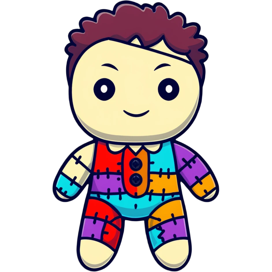 A colorful voodoo doll with patchwork fabric in bright colors, decorative buttons for eyes, and colorful pins sticking out of it emoji