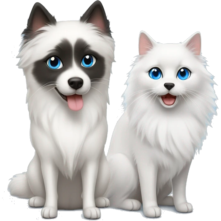 One white Japanese spitz with black eyes and one small grey ragdoll cat with blue eyes  emoji
