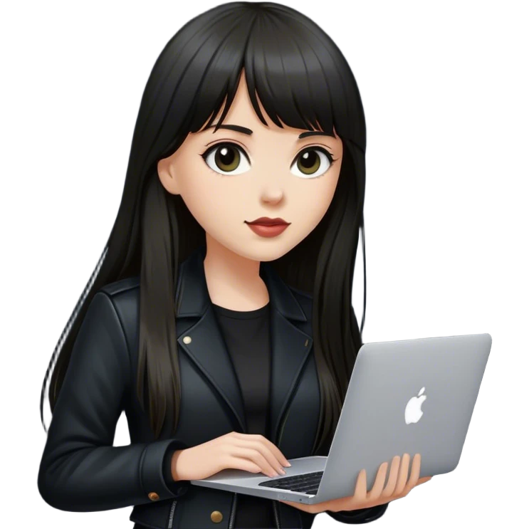 Beautiful white girl, with dark very long hair with bang, wearing black classic jacket with MacBook  emoji