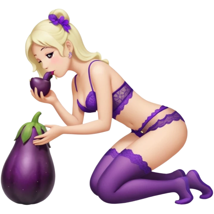 lady in lace lingerie on knees and kissing big eggplant in her mouth from the side emoji