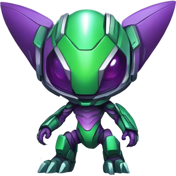 a chibi-style purple-green Genesect-Raptor-Fakémon—hybrid with a futuristic visor-helmet full body emoji