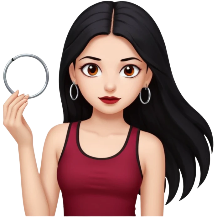 a pretty bratz fair girl with long black hair, kajal under eyes, small silver hoop. Dark cherry red tank top on.  emoji