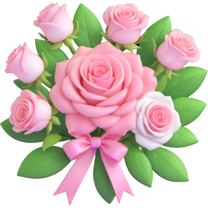 romantic bouquet of roses with green leaves, glossy, pastel pink and white petals, modern and fresh, elegant ribbon emoji