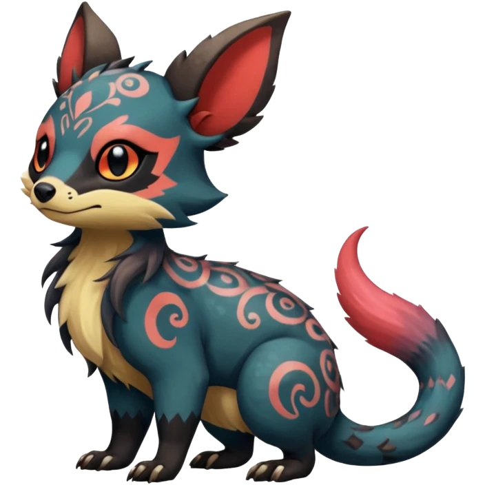 Rare warm-colored exotic cute epic aesthetic gothic colorful Salandit-Eevee-Civet-species-Fakemon-hybrid-creature, with intricate tattoo markings, full body emoji
