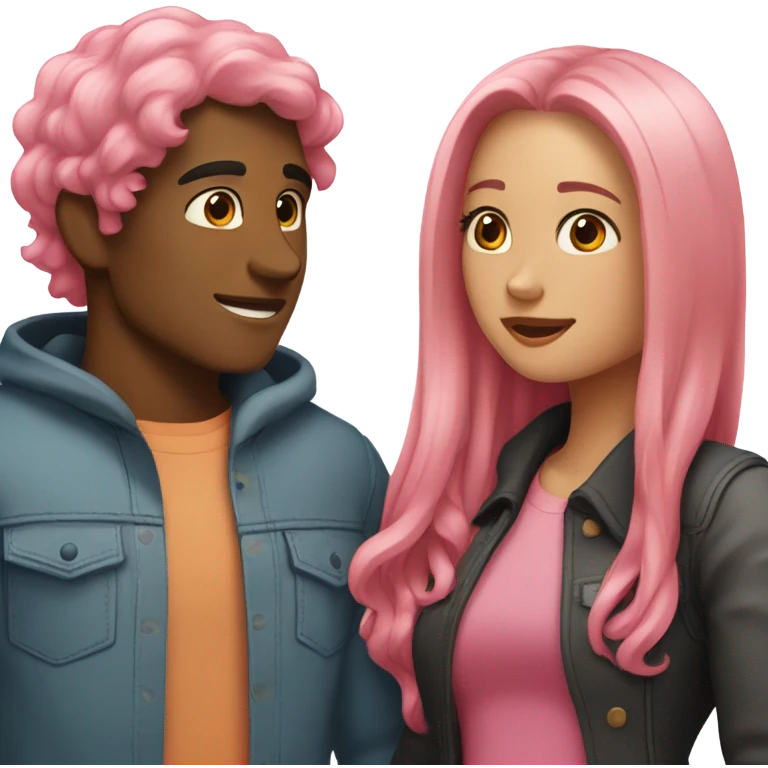make a guy and a girl, they are hugging, the girl has pink long wavy hair. The guy has black hair and light skin. They are facing each other emoji
